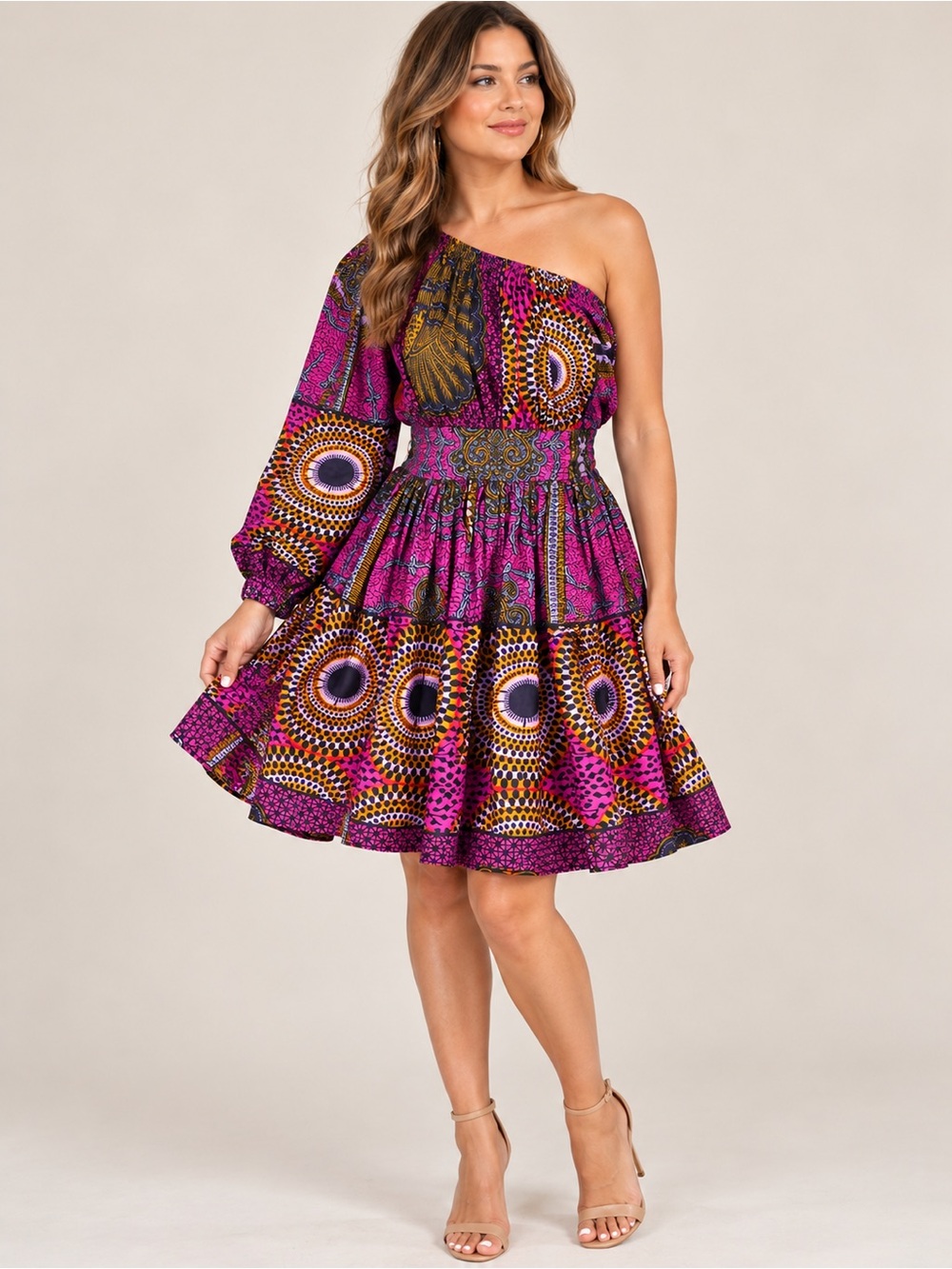 Grass-Fields Habiba One Shoulder Tie Midi Dress African Print Size 6